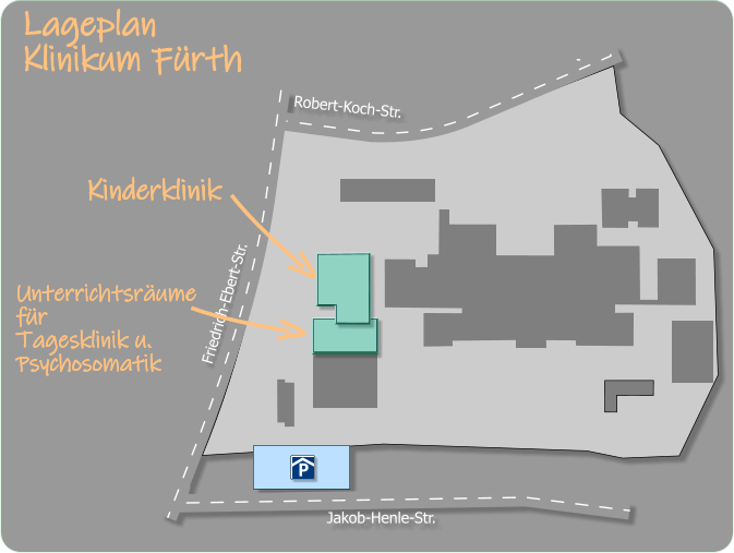 Kinderklinik Unterrichtsräumefür Tagesklinik u.Psychosomatik Lageplan  Klinikum Fürth Jakob-Henle-Str.  Friedrich-Ebert-Str. Robert-Koch-Str. P